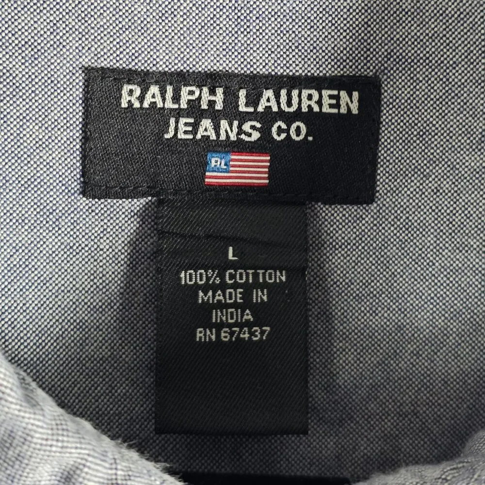 Ralph Lauren Jeans Co 100% Cotton Mens Large Long Sleeve Blue Button Shirt - Picture 3 of 5